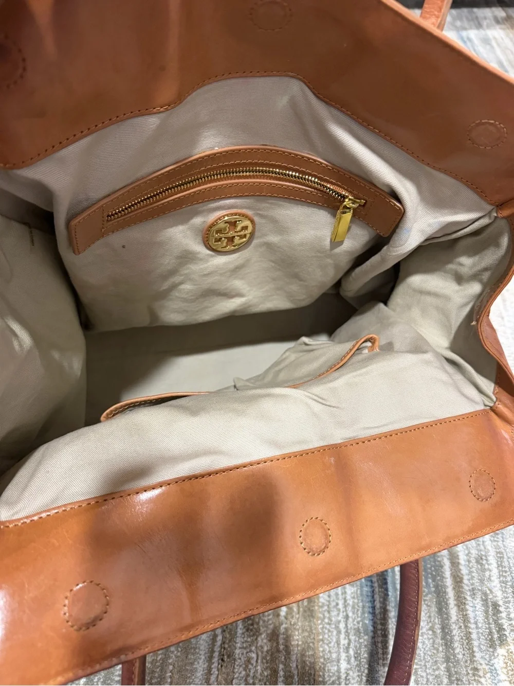 Tory Burch Cream Canvas and Tan Leather Tote